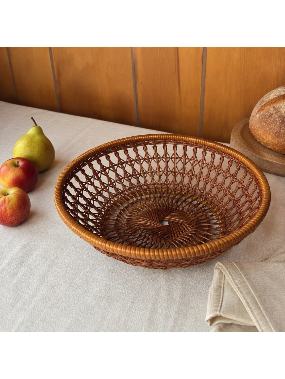 Vintage Wicker Basket Open Weave Oval Rattan Fruit Bread Boho Cottage Decor